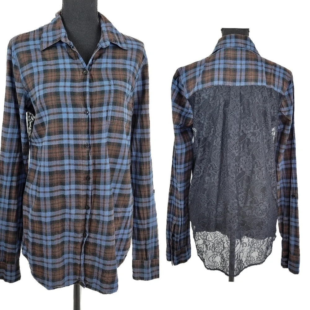 PINK VICTORIA'S SECRET Blue Brown Button Down TopLace Back